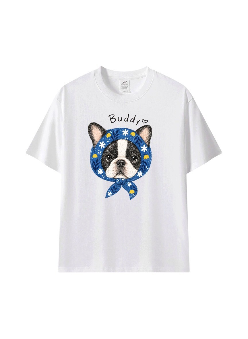 Buddy 法鬥頭巾印花棉T★法國鬥牛犬插畫・純棉寬鬆短袖T恤