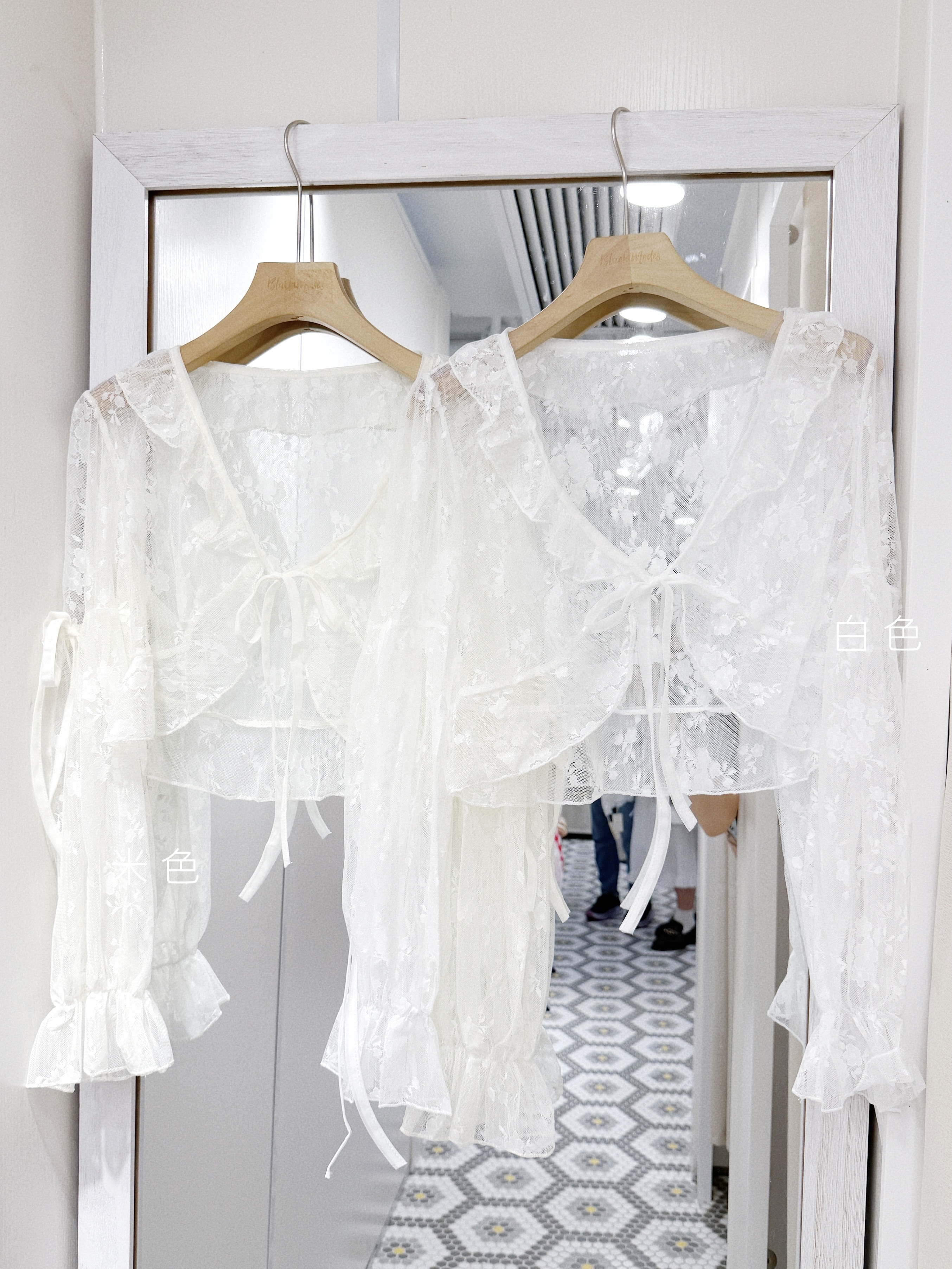 JK0442｜韓女御姐系花花刺繡泡泡袖透視綁帶外套‧₊ ᵎᵎ 🍒 ⋅ ˚✮