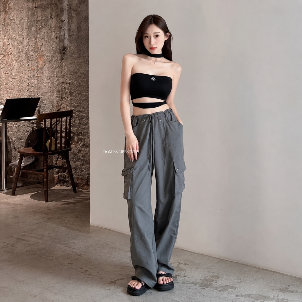 【入店必拿】DOMISS 涼感美式工裝褲  顯瘦寬鬆抽繩長褲 休閒百搭工裝褲 -4色 (現貨)