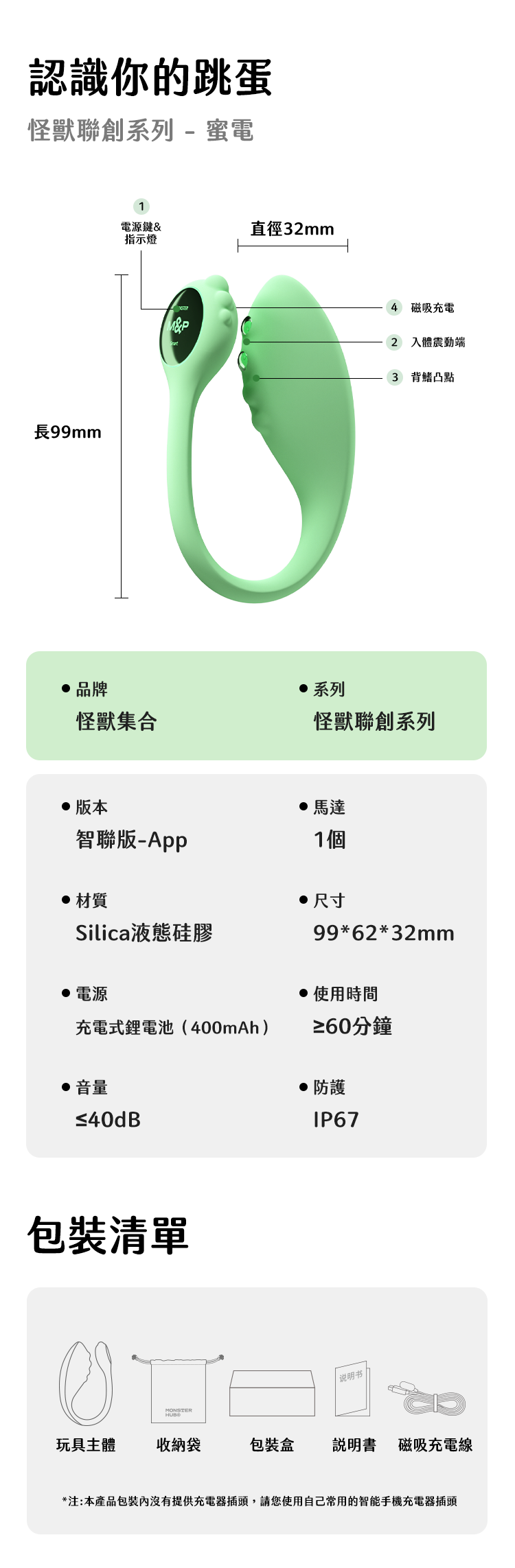 小怪獸 Monster Zing 蜜電詳細規格，展示直徑 32mm 與長 99mm 尺寸，以及包含主體與收納袋的包裝清單。