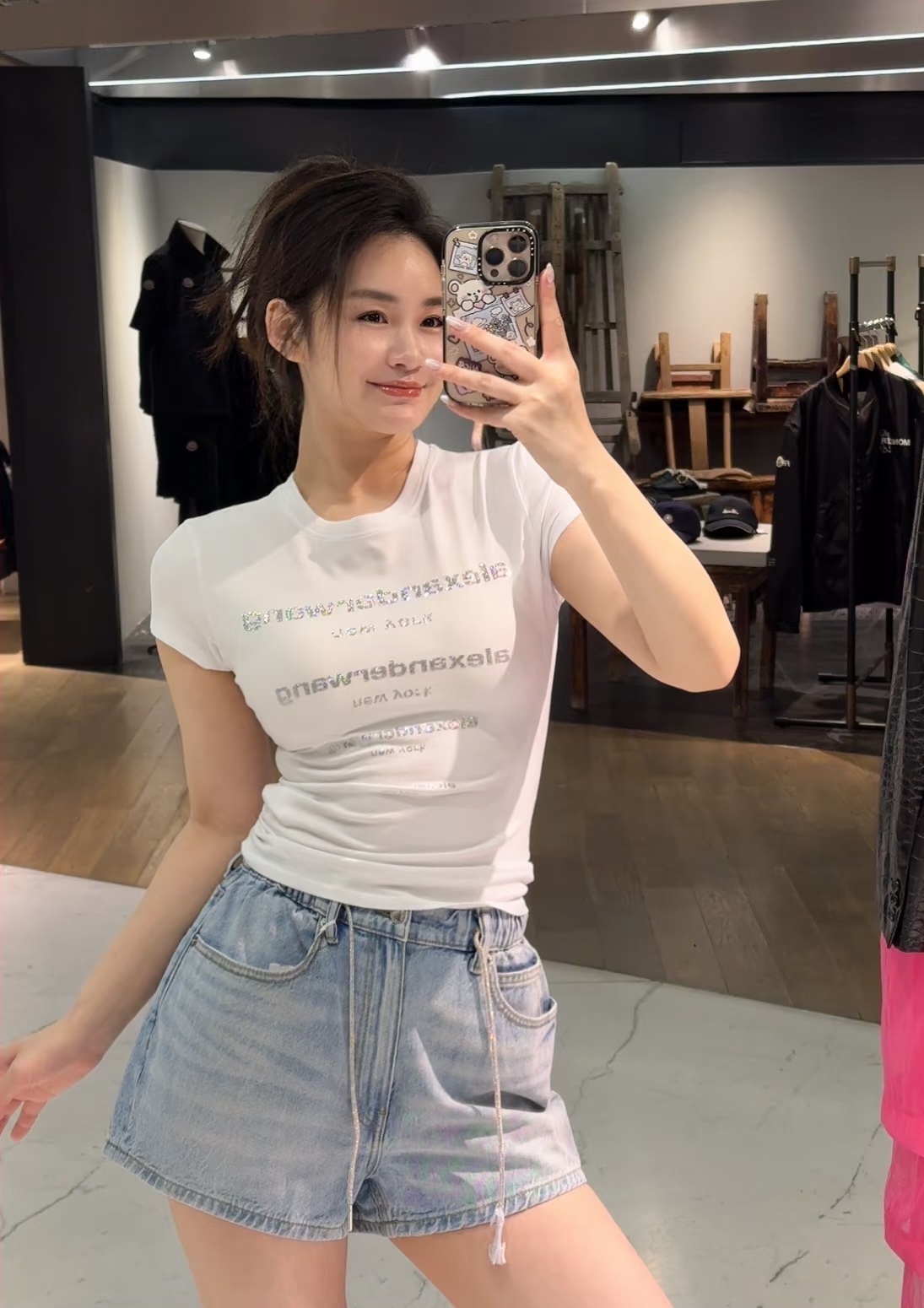 Alexandra wang 水晶抽繩鬆身牛仔短褲