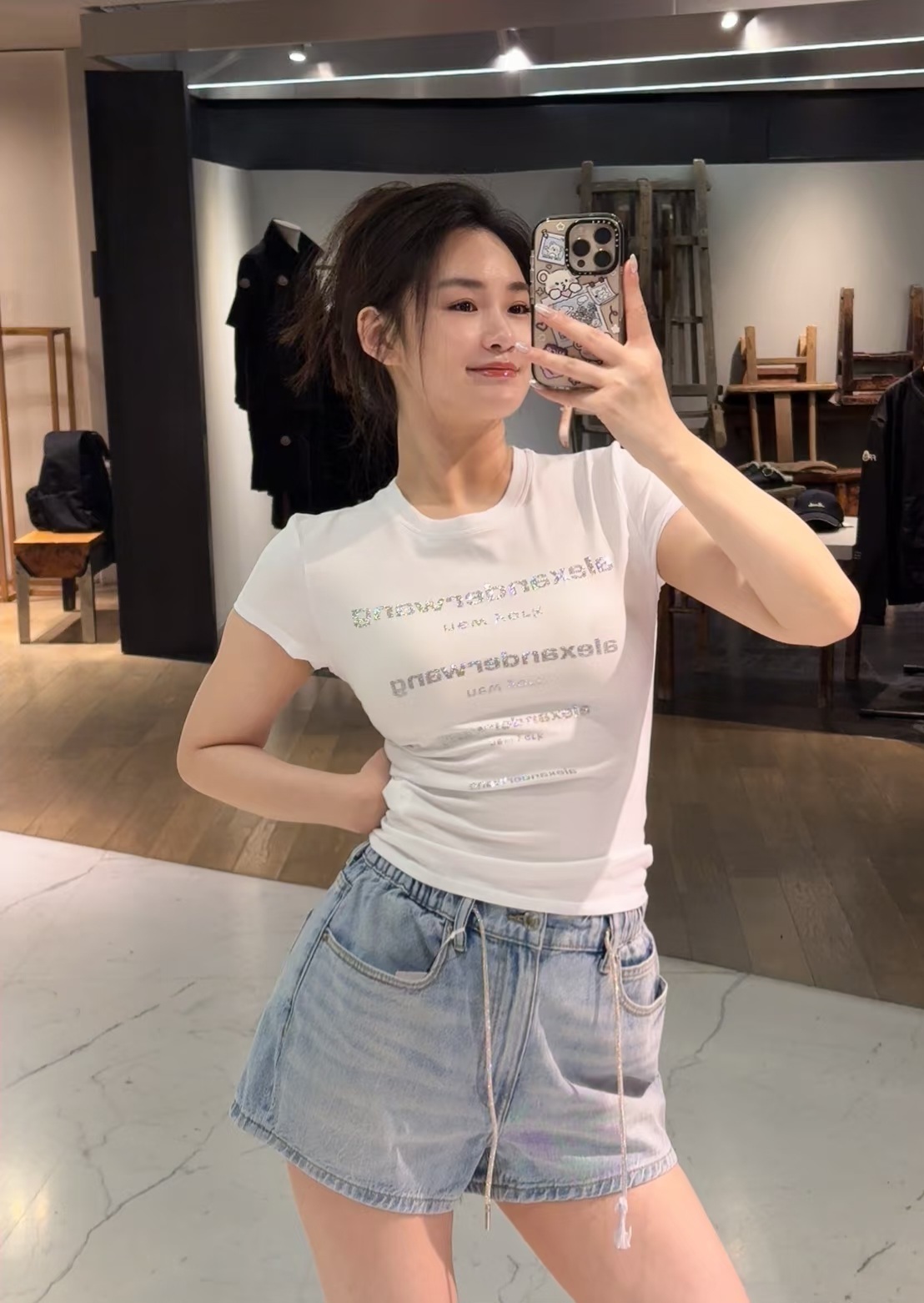 Alexandra wang 水晶抽繩鬆身牛仔短褲