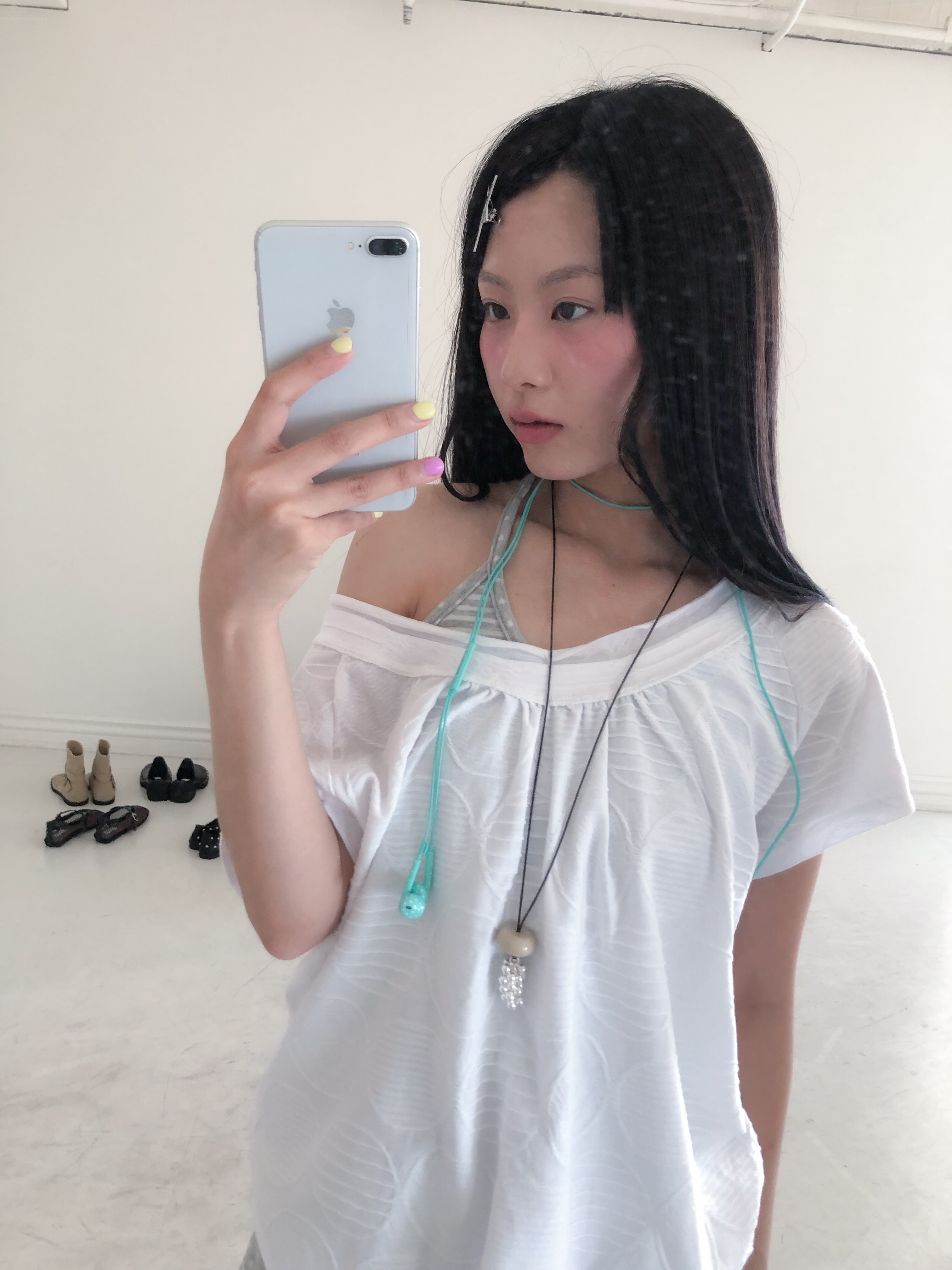big dot off shoulder tee #上衣