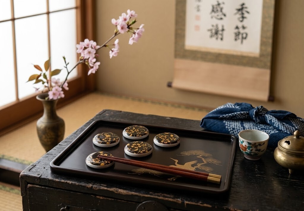 玄黑金彩唐草．圓滿瓷質筷架組
