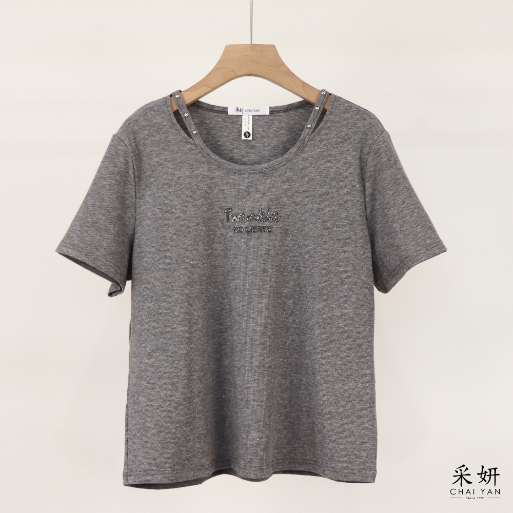亮粉水鑽字母短上衣