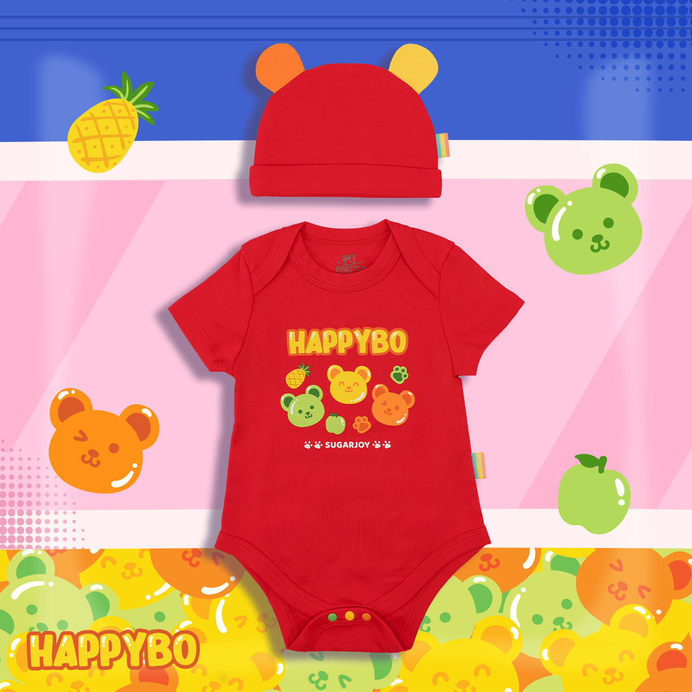 Happy Bo Short-Sleeve Bodysuit with Hat (Red)