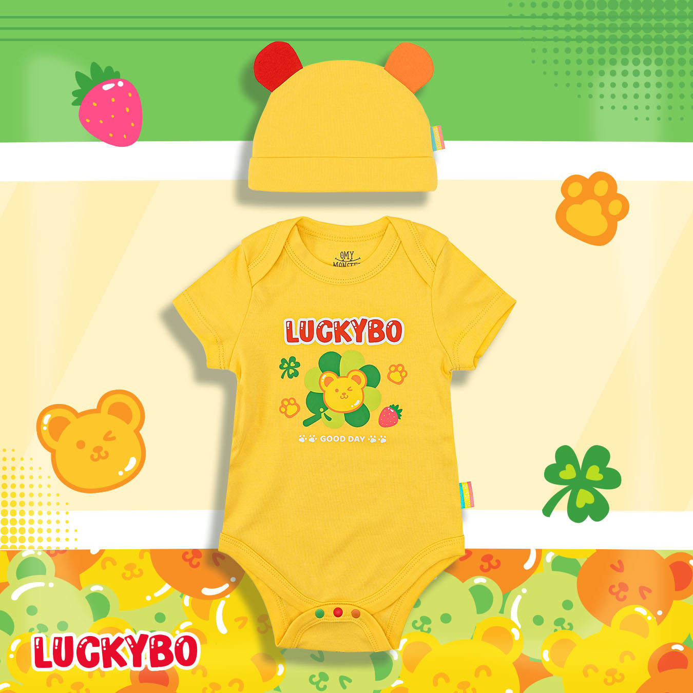 Lucky Bo Short-Sleeve Bodysuit with Hat (Yellow)