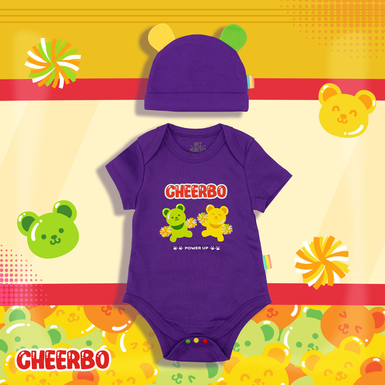 OMYMONSTER Cheer Bo 慶祝熊寶短袖包屁衣連帽 (紫色）