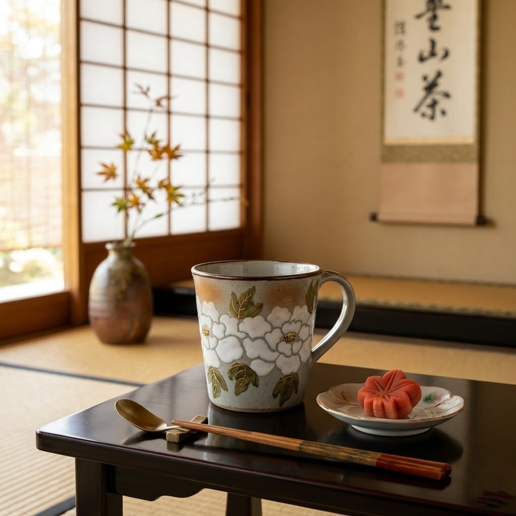 白山茶綻．古樸灰釉金彩大容量風格馬克杯