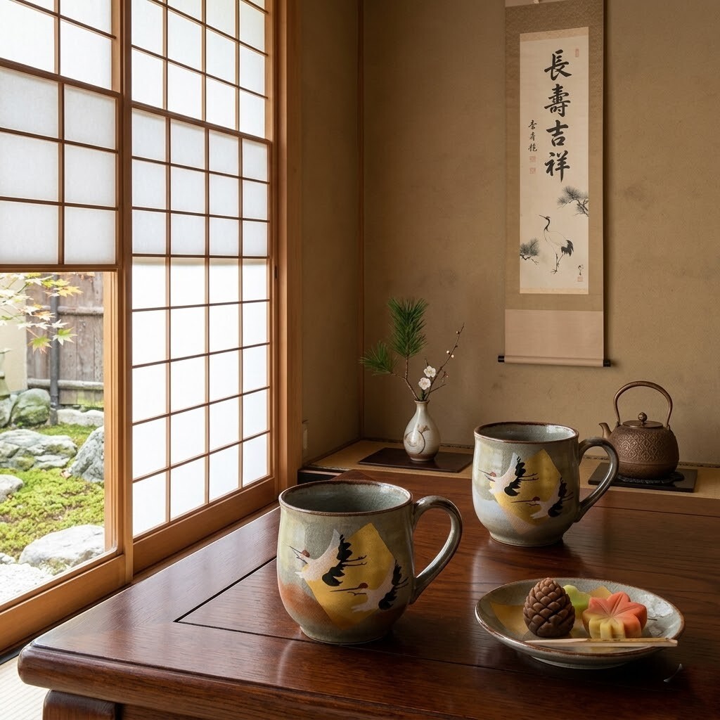 長壽吉祥．古樸灰釉金彩雙鶴對杯組