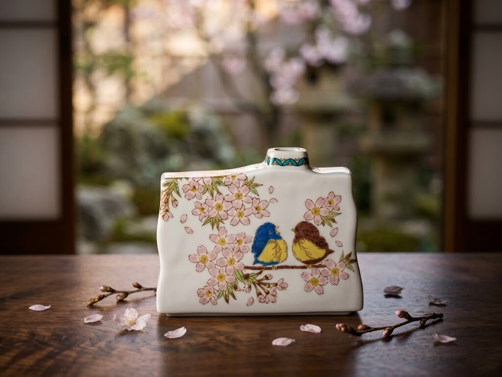 春櫻語鳥．經典手繪雙棲靈鳥扁平造型風格小花瓶