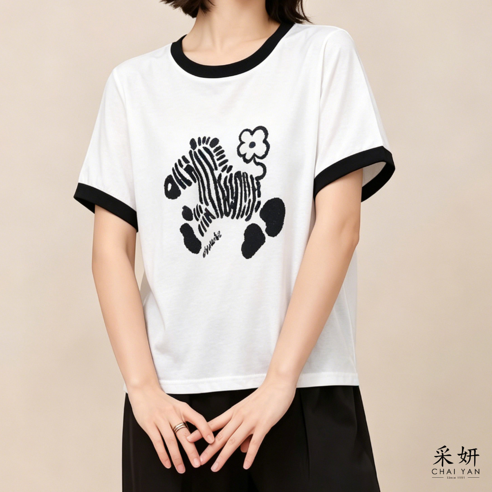 線條斑馬連肩短袖印花