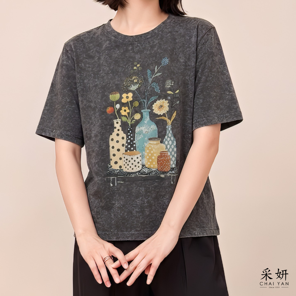 褪色花瓶雪花棉短袖上衣