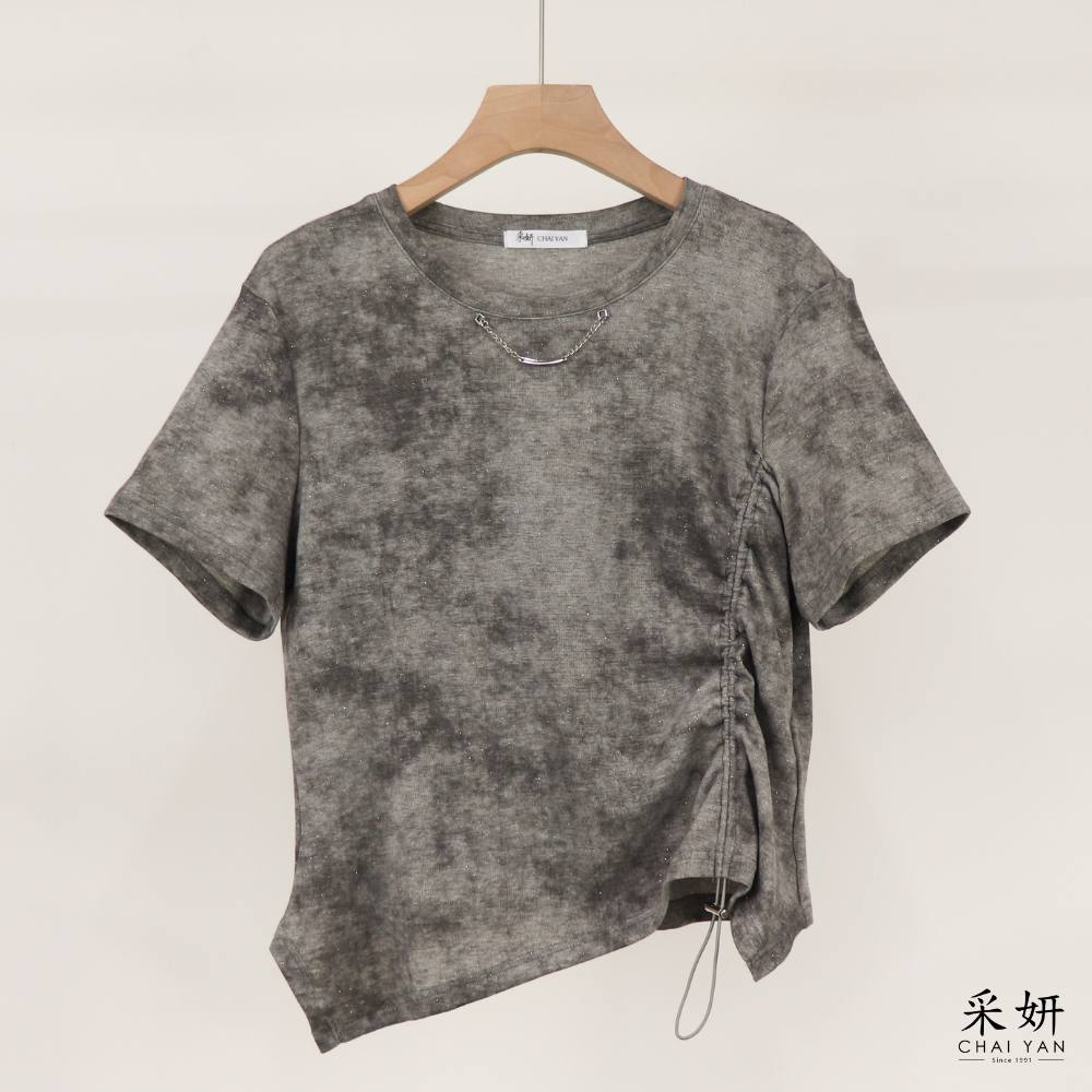 亮粉石紋拉繩彈力短袖上衣