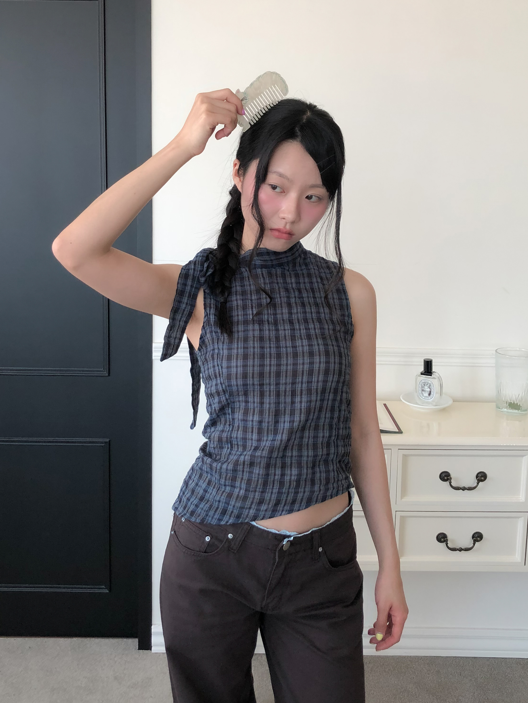check tie blouse #上衣