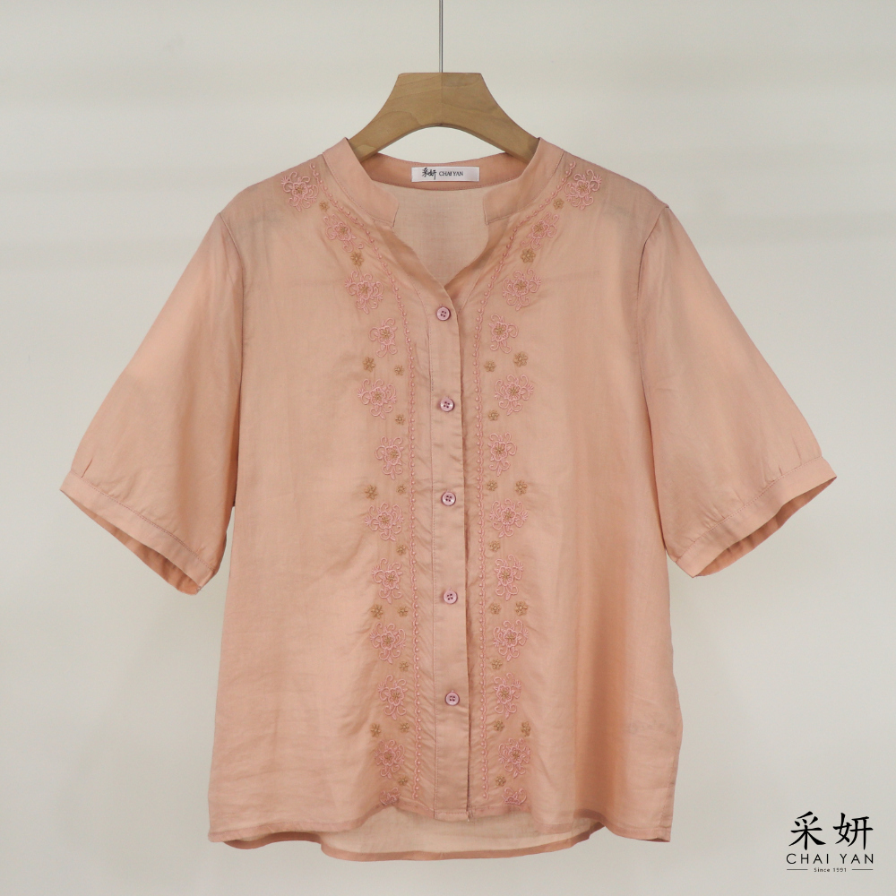 花朵刺繡棉麻短袖襯衫