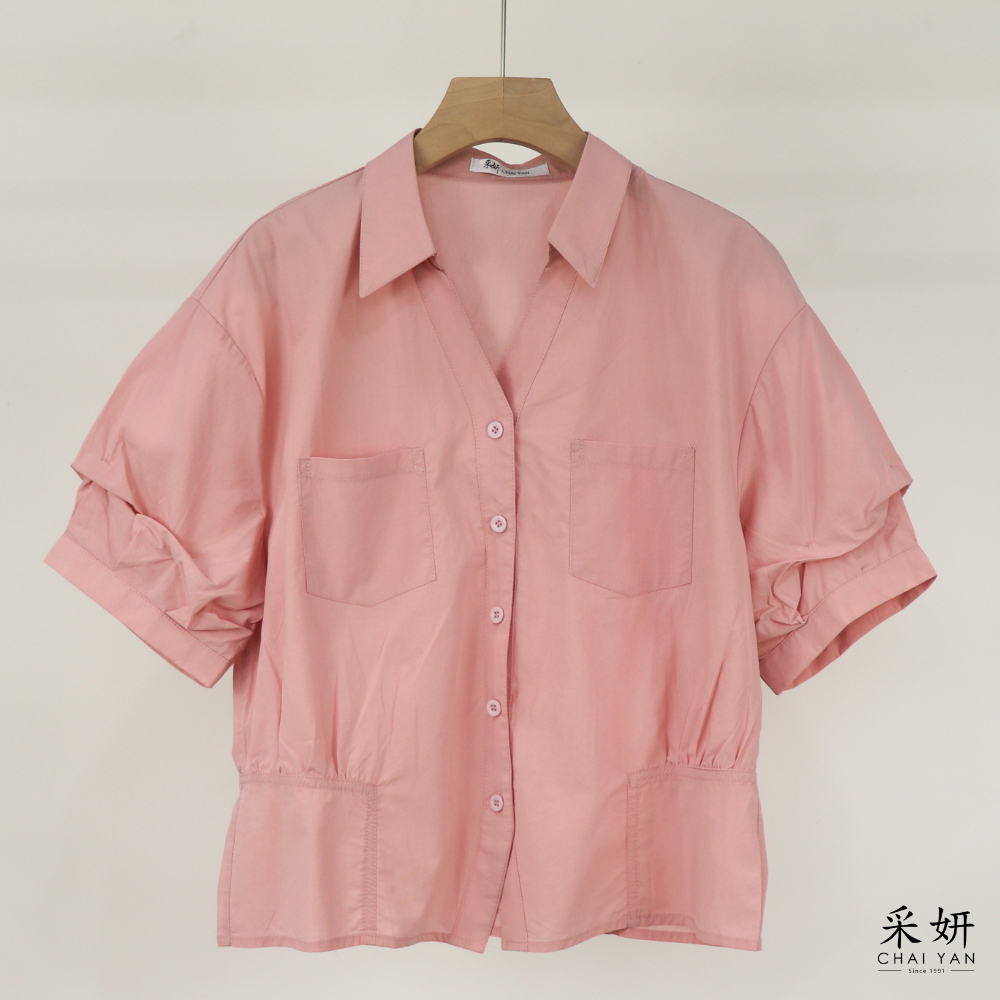 拼接泡袖短袖襯衫