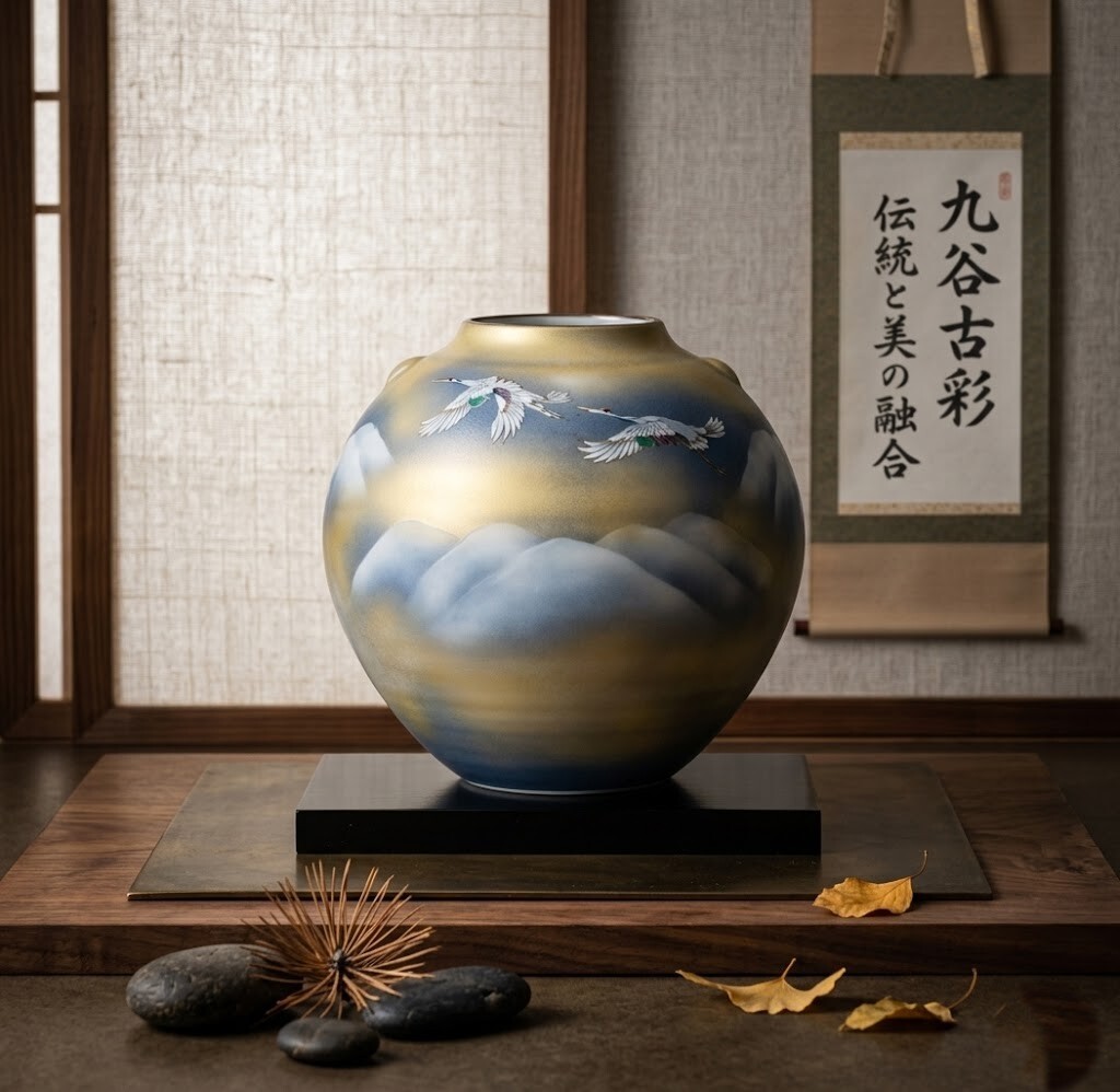 祥雲金瀾．手繪仙鶴翱翔與如意遠山裝飾花瓶