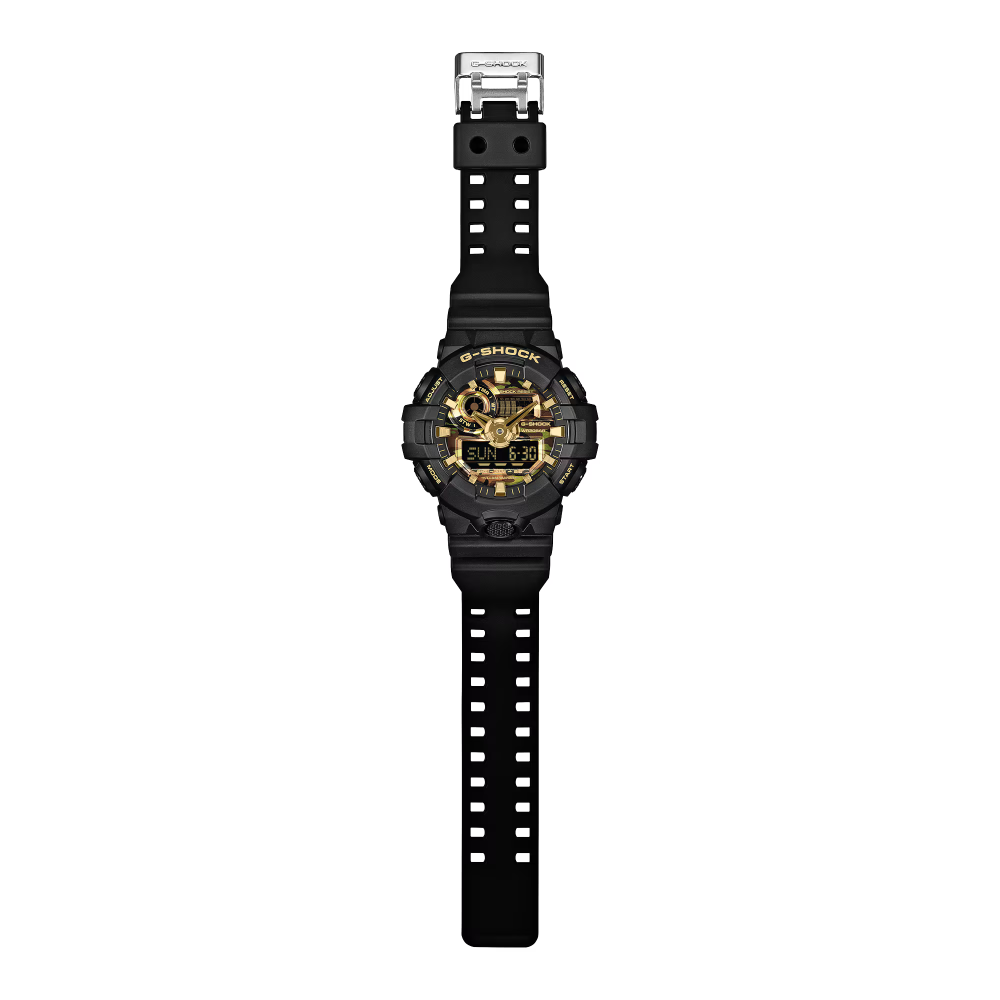 萬年鐘錶 - G-SHOCK 金色迷彩防震電子錶 GA-700CF-1A  錶徑 : 53.4mm