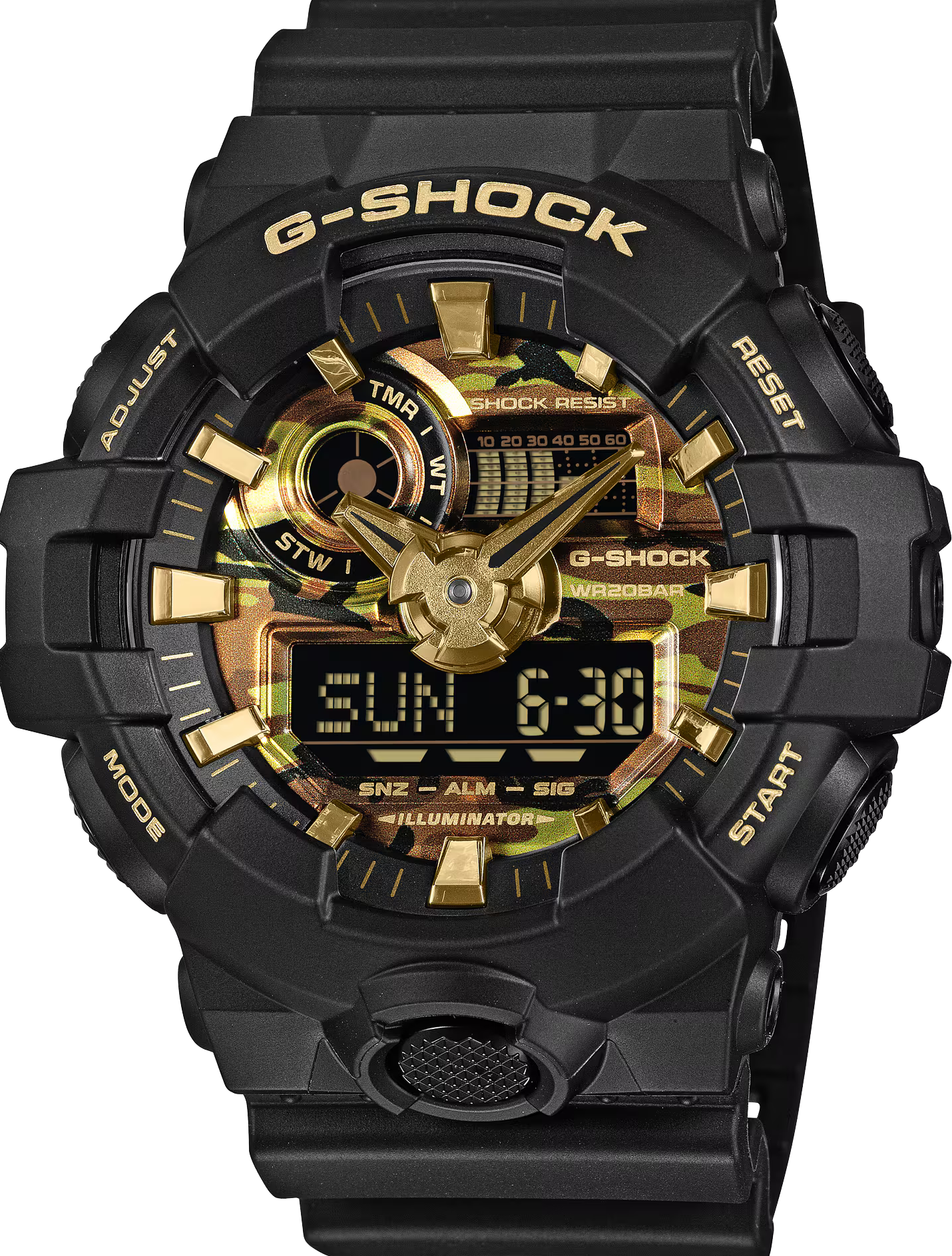 萬年鐘錶 - G-SHOCK 金色迷彩防震電子錶 GA-700CF-1A  錶徑 : 53.4mm