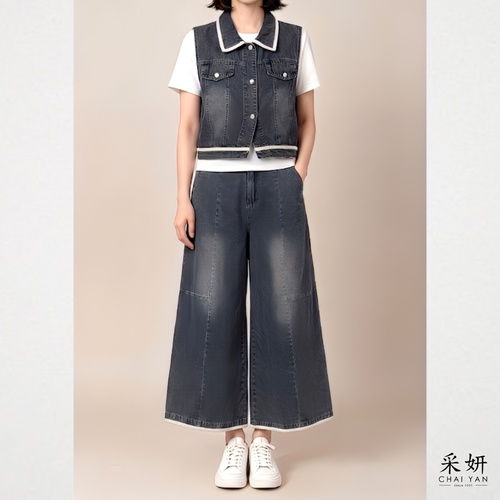 三件式 花邊牛仔寬褲套裝