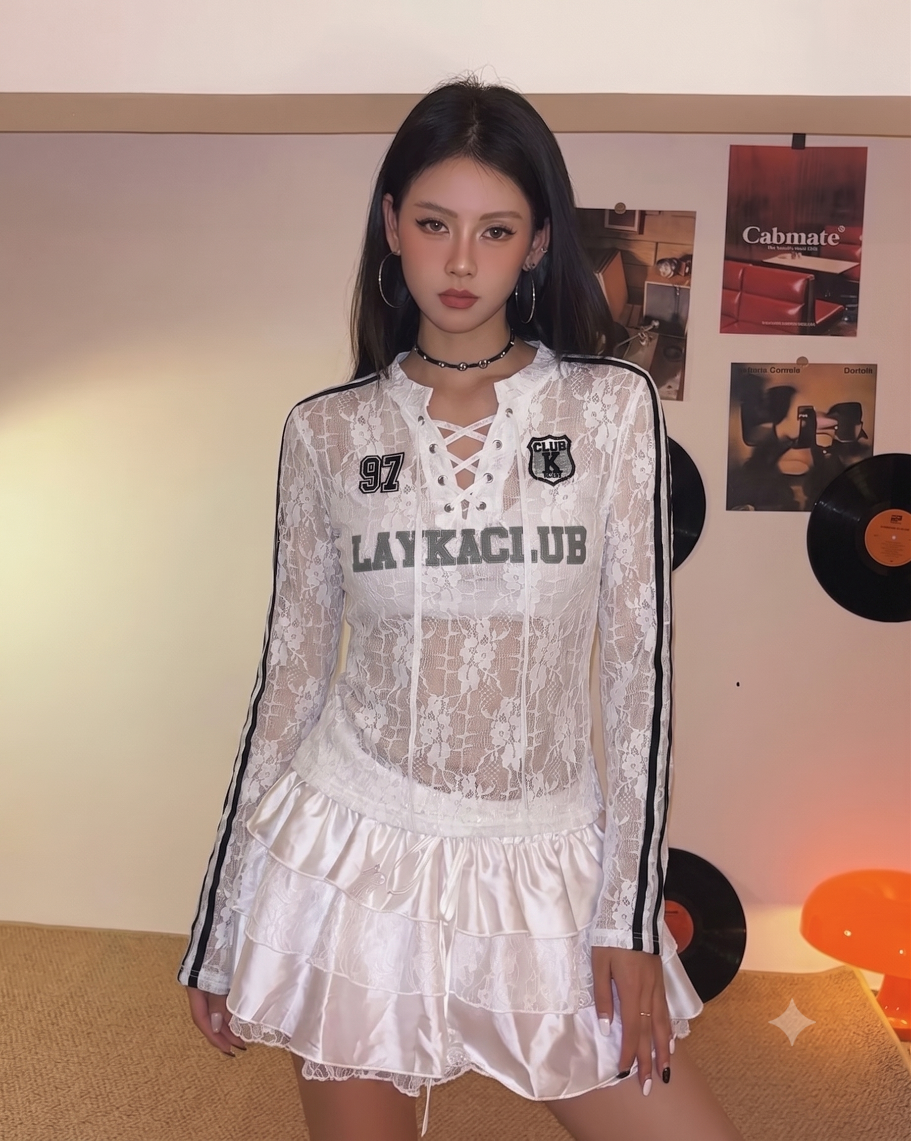 <純慾感足球衣>XIN SELECT 韓國 蕾絲 綁帶 芭蕾 薄長袖 白色