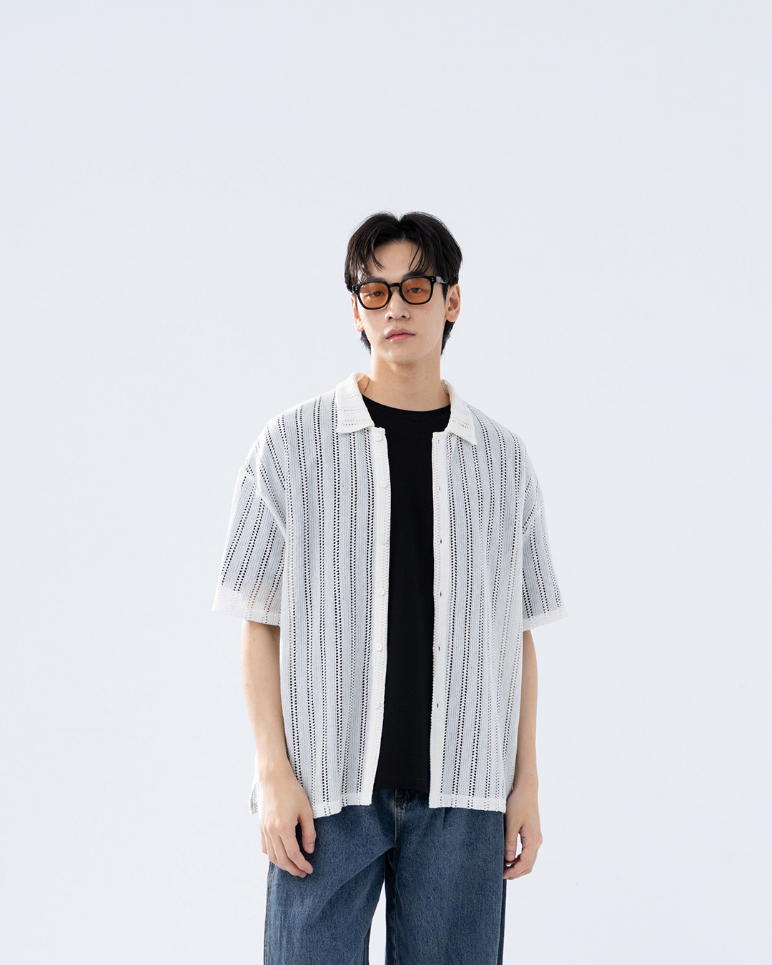Men's Knit Short-Sleeve Polo Neck with Hollow-Out Stripes - Apricot M/L【01025758】in stock+pre-order