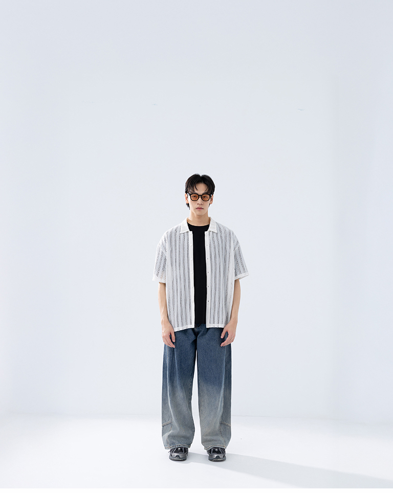 Men's Knit Short-Sleeve Polo Neck with Hollow-Out Stripes - Apricot M/L【01025758】in stock+pre-order