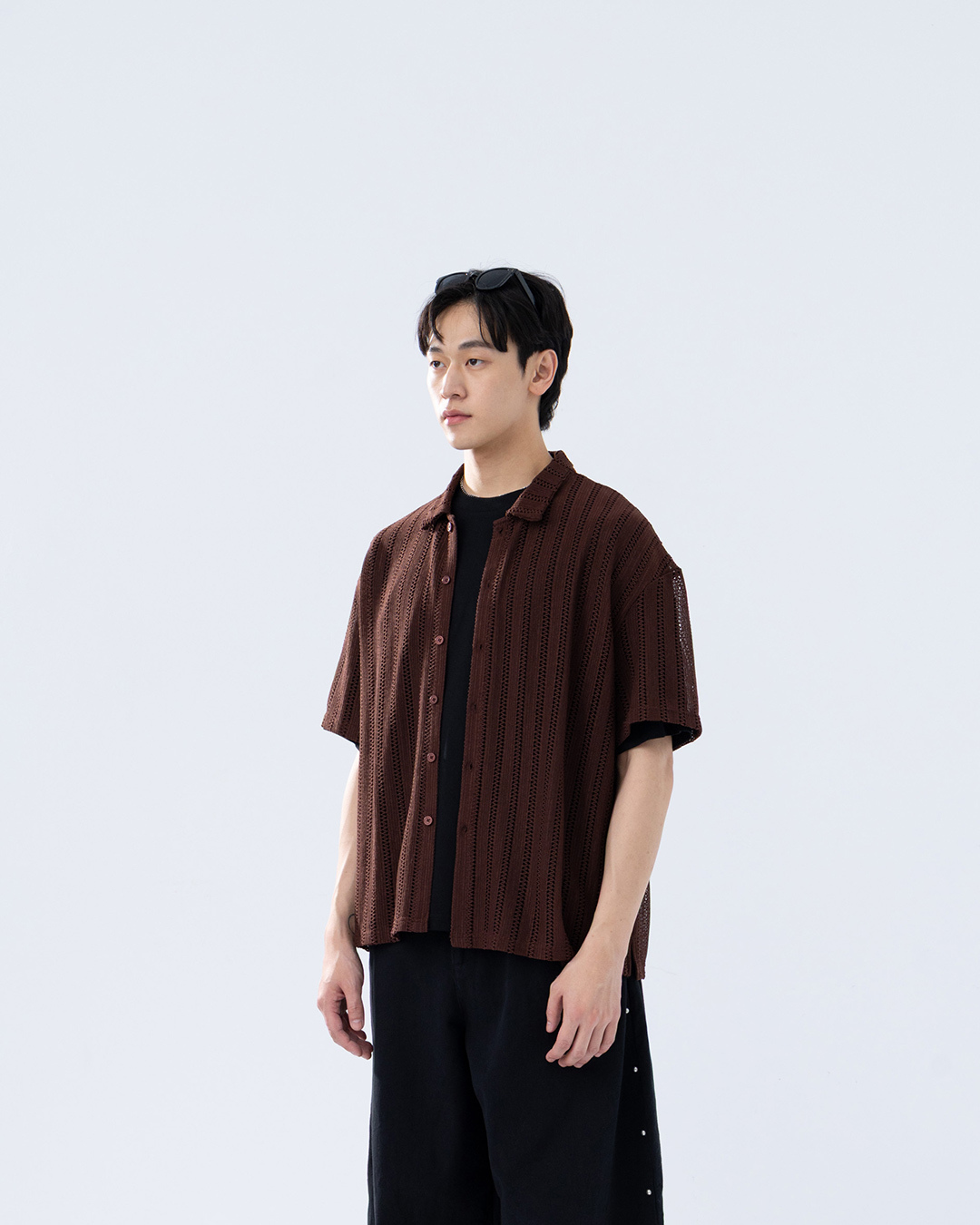 Men's Knit Short-Sleeve Polo Collar with Hollow-Out Stripes - Brown M/L【01025759】in stock+pre-order