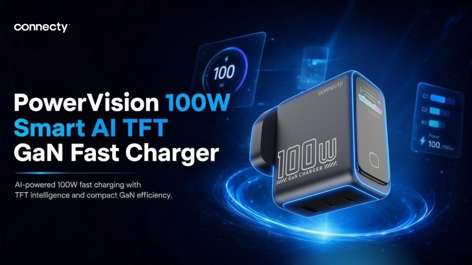 Connecty PowerVision 100W Smart AI TFT GaN Fast Charger 2C1A CA431D