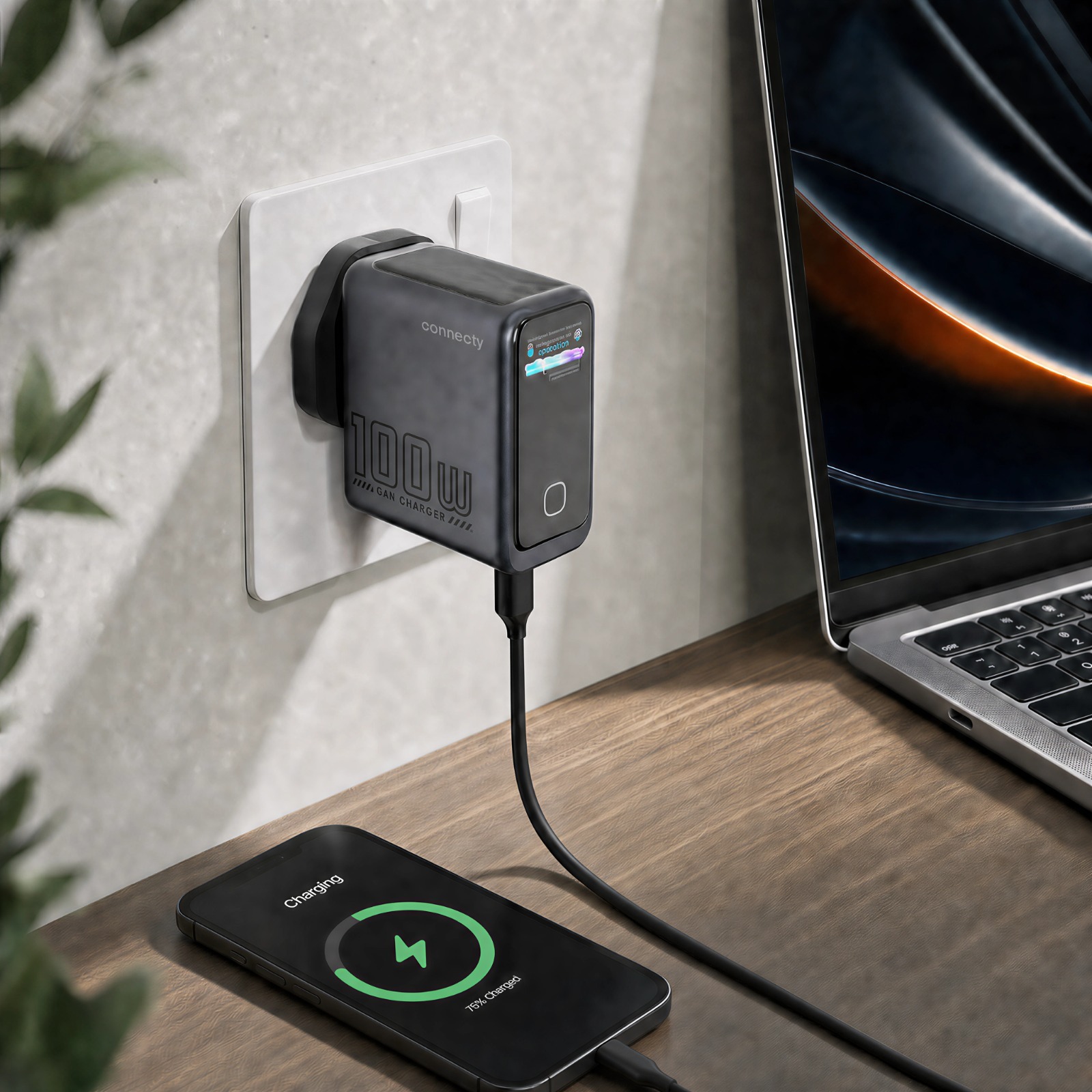 Connecty PowerVision 100W Smart AI TFT GaN Fast Charger 2C1A CA431D