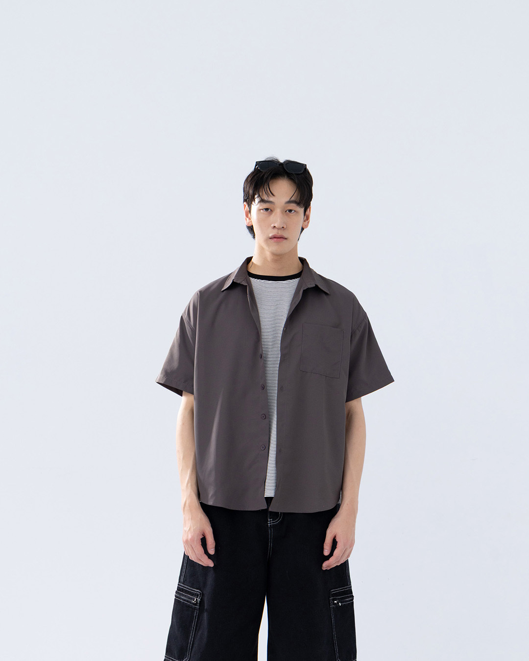 Men's Basic Plain Single-Pocket Short-Sleeve Shirt - Grey M/L/XL【01025841】in stock+pre-order