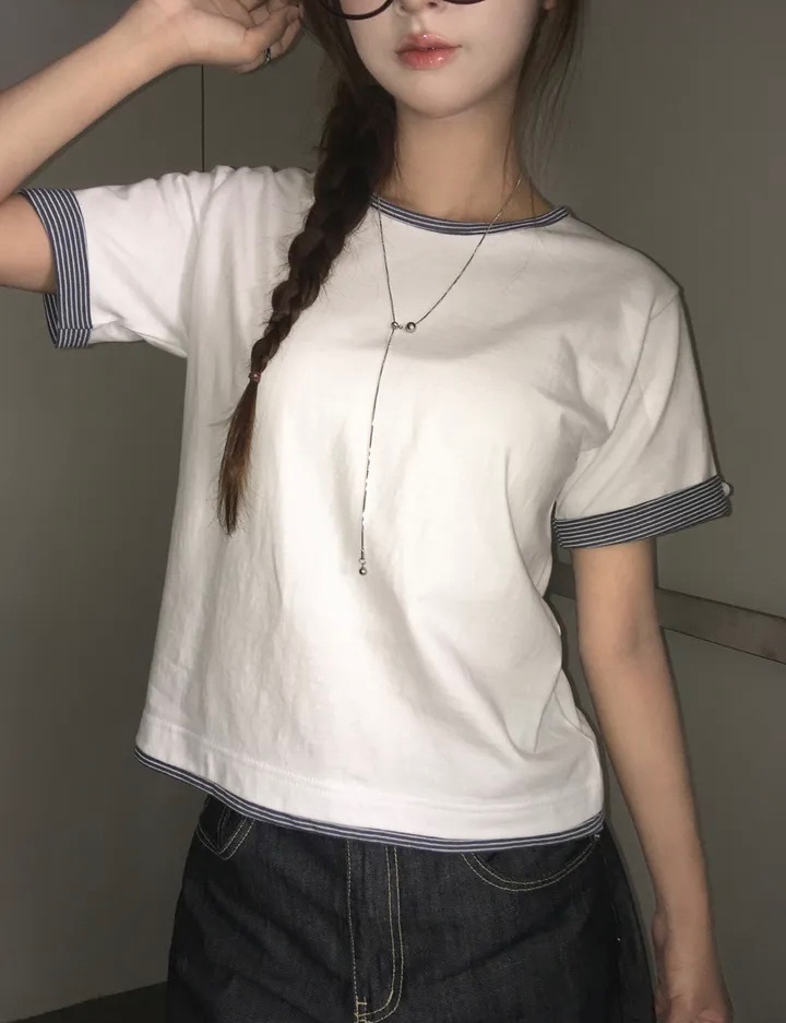 【優惠預訂】韓國間條捲邊短袖TEE（4色）