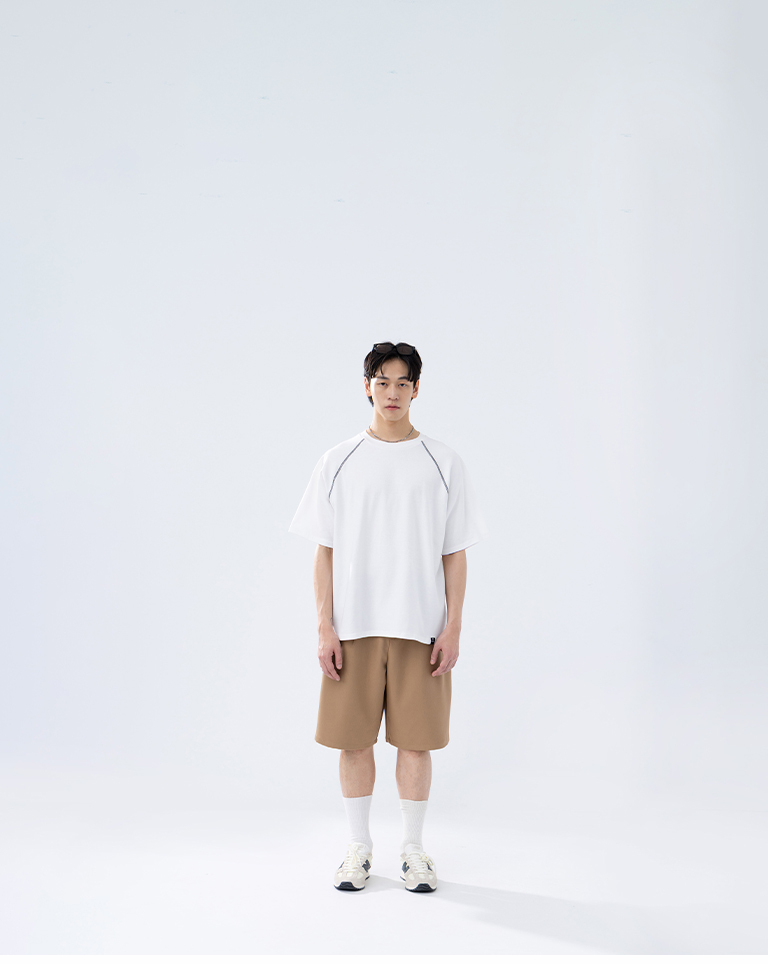 Men's Color-Blocked Short-Sleeve Top with Woven Label and Stitching - White (M/L/XL)【01190369】in stock+pre-order