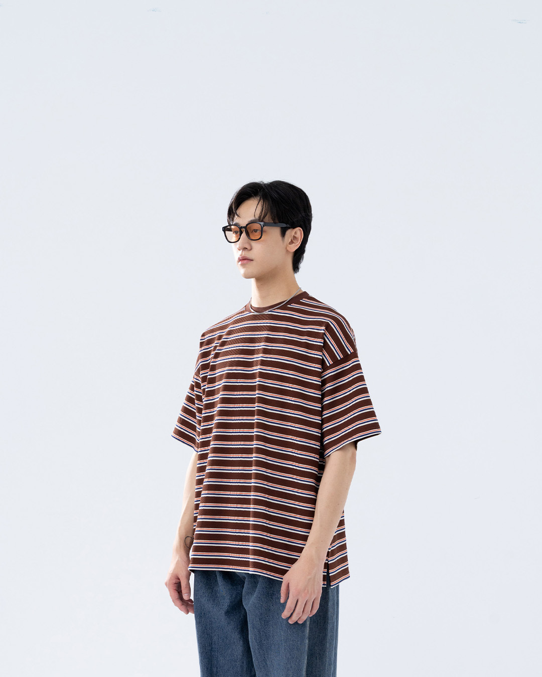 Men's 3D Textured Striped Knit Short-Sleeve Top - Coffee Sizes M/L【01190405】in stock+pre-order