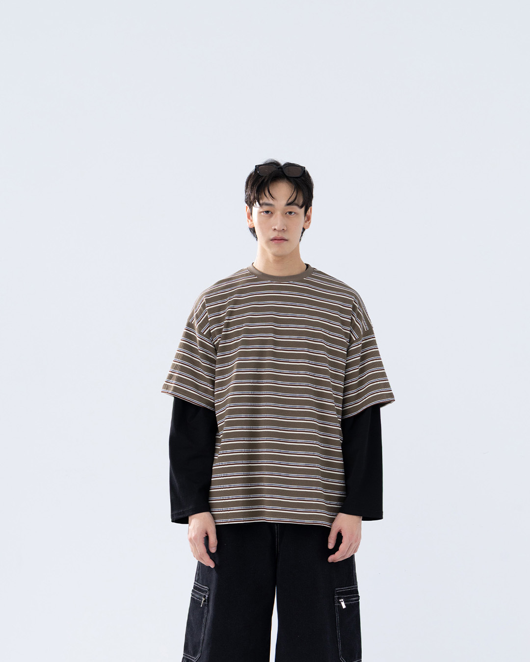 Men's 3D Textured Striped Knit Short-Sleeve Top - Gray-Green M/L【01190406】in stock+pre-order