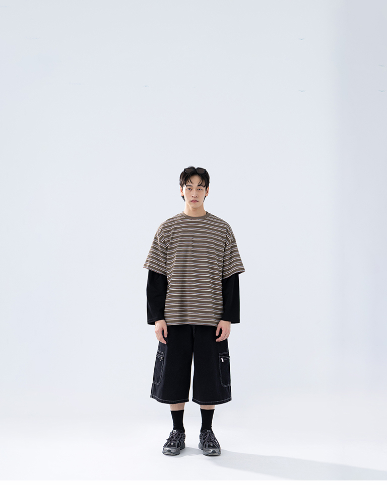 Men's 3D Textured Striped Knit Short-Sleeve Top - Gray-Green M/L【01190406】in stock+pre-order