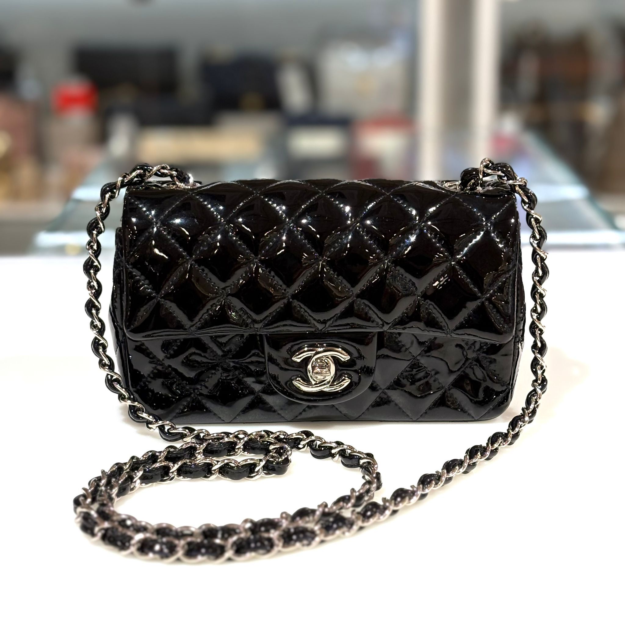 98%NEW二手CHANEL CF20 A69900 黑色漆皮銀扣 CF大MINI @21開 #香榭站正品