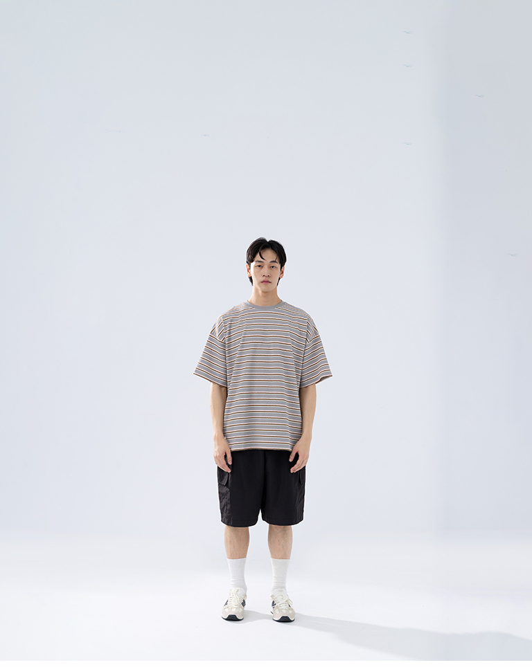 Men's 3D Textured Striped Knit Short-Sleeve Top - Light Gray M/L【01190407】in stock+pre-order