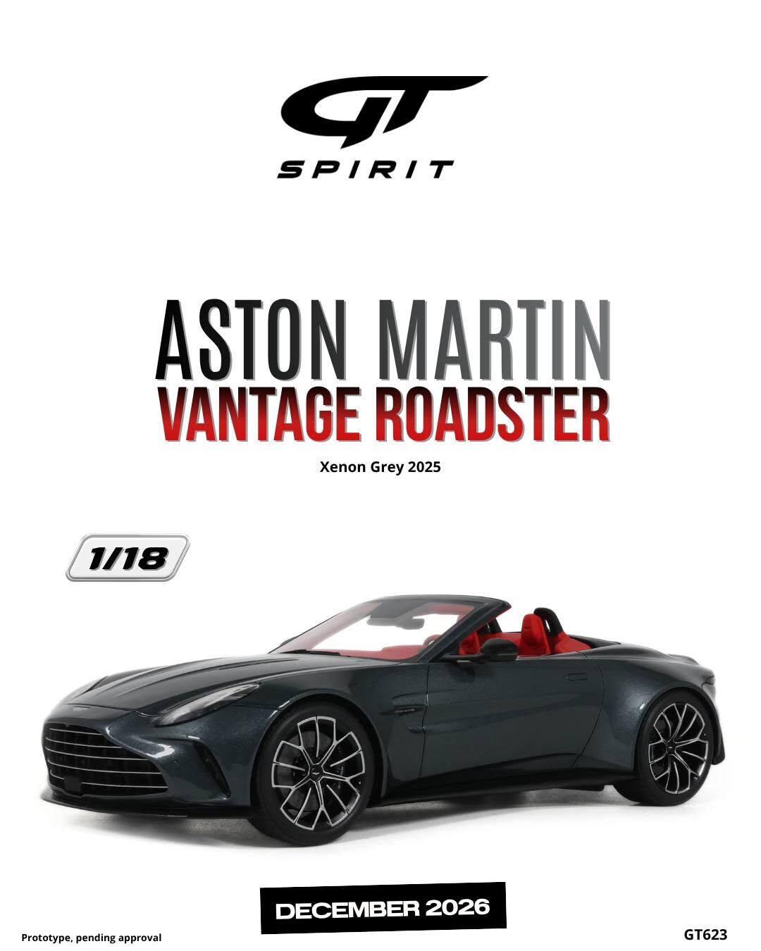 預訂 (訂金$300) (預訂價$801) : 1/18 GT SPIRIT ASTON MARTIN VANTAGE ROADSTER XENON GREY 2025 (GT623)