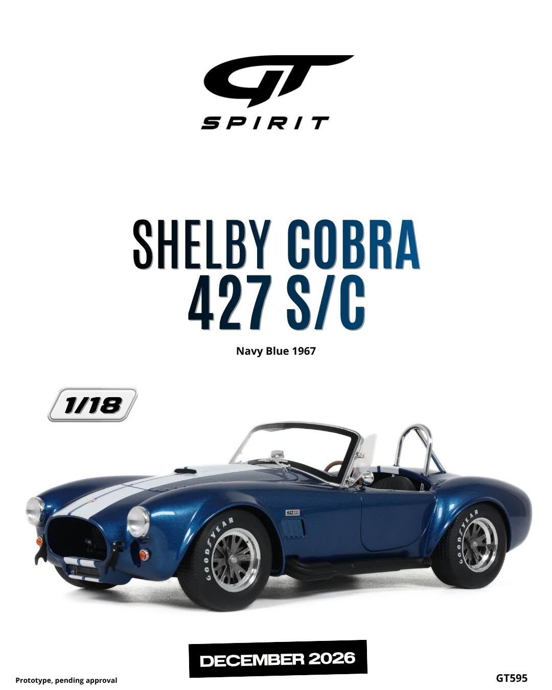 預訂 (訂金$300) (預訂價$801) : 1/18 GT SPIRIT SHELBY COBRA 427 S/C NAVY BLUE 1967 (GT595)