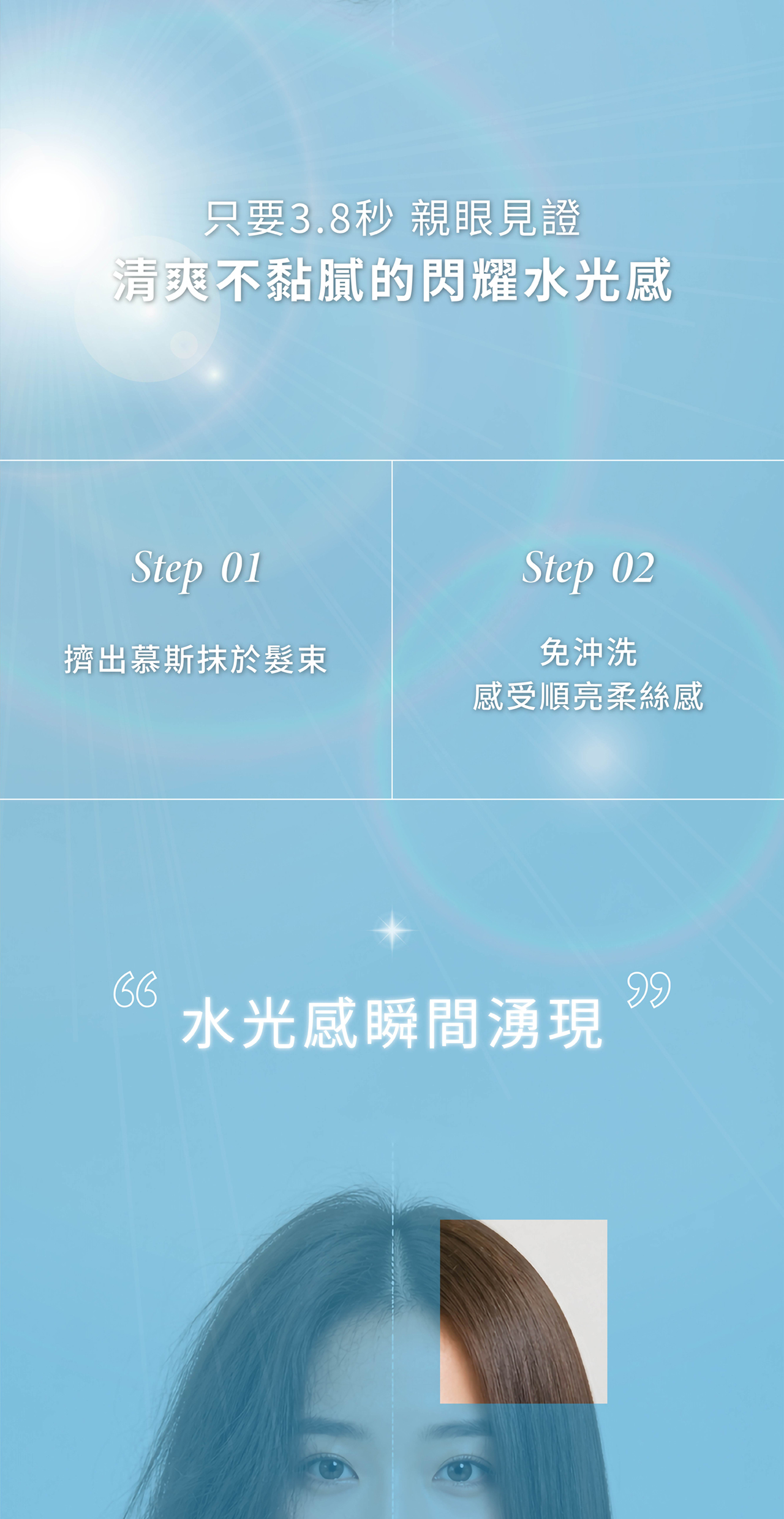 只要3.8秒 親眼見證 親爽不黏膩的閃耀水光感 Step 01 擠出慕斯抹於髮束 Step 02 免沖洗 感受順亮柔絲感 “水光感瞬間湧現