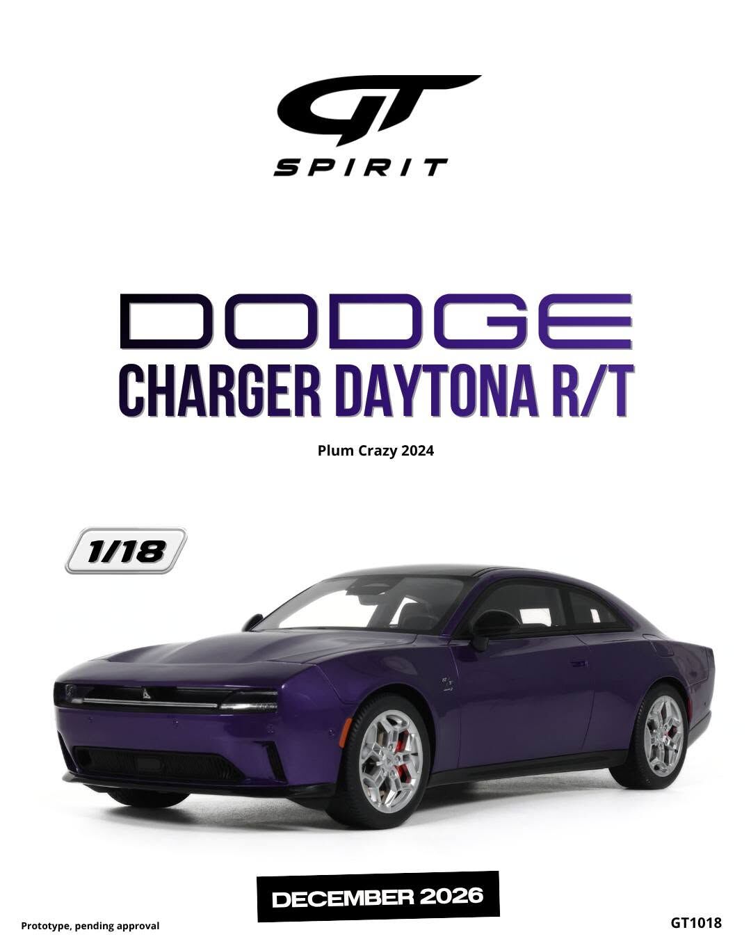 預訂 (訂金$300) (預訂價$801) : 1/18 GT SPIRIT DODGE CHARGER DAYTONA R/T PLUM CRAZY 2024 (GT1018)