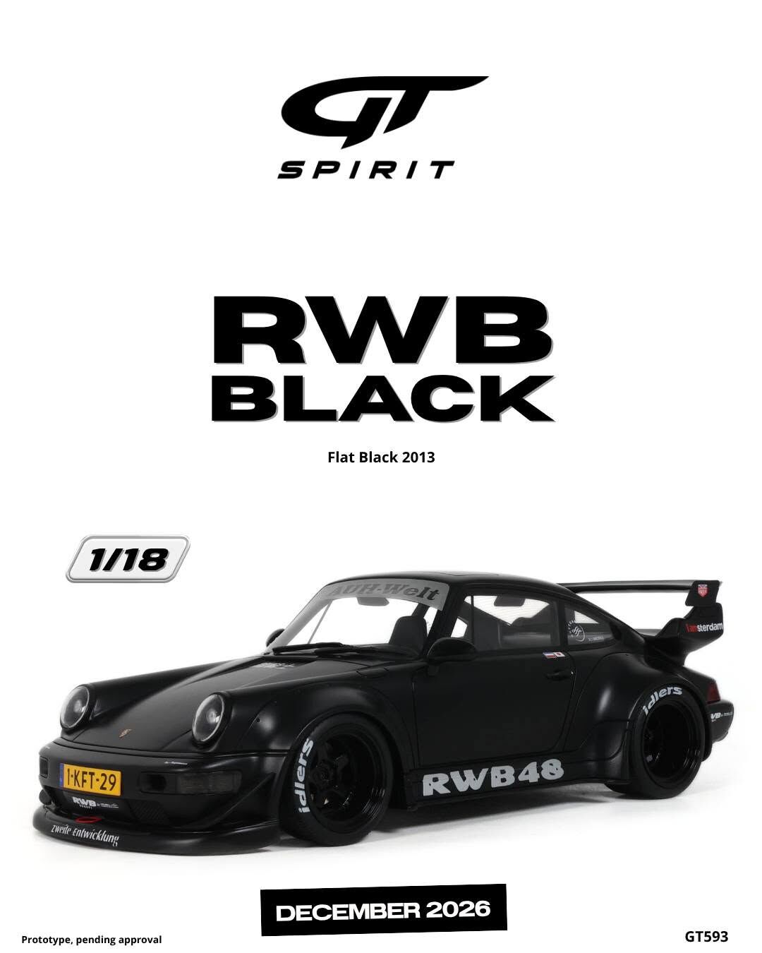 預訂 (訂金$300) (預訂價$801) : 1/18 GT SPIRIT RWB BLACK FLAT BLACK 2013 (GT593)
