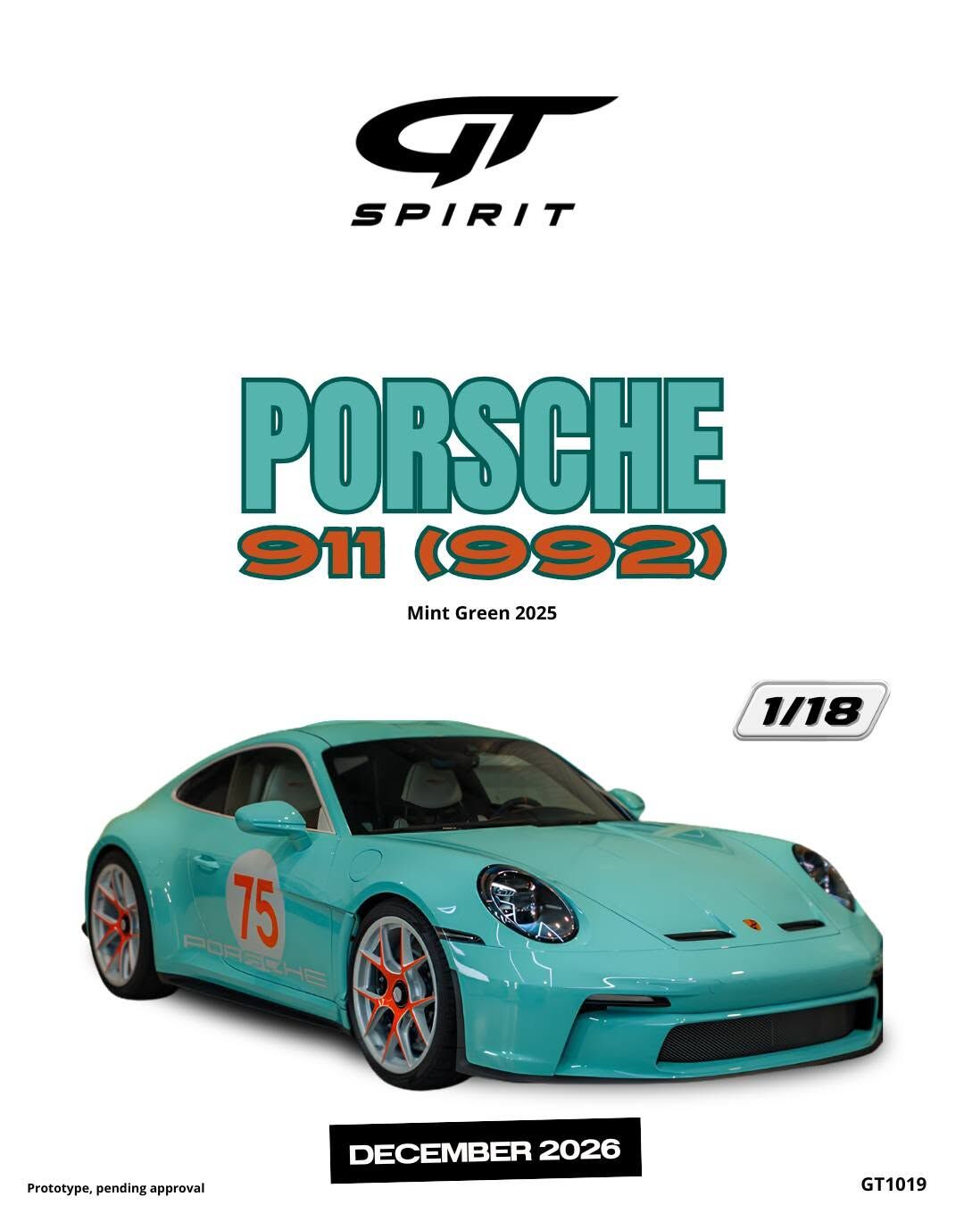 預訂 (訂金$300) (預訂價$801) : 1/18 GT SPIRIT PORSCHE 911 (992) MINT GREEN 2025 (GT1019)