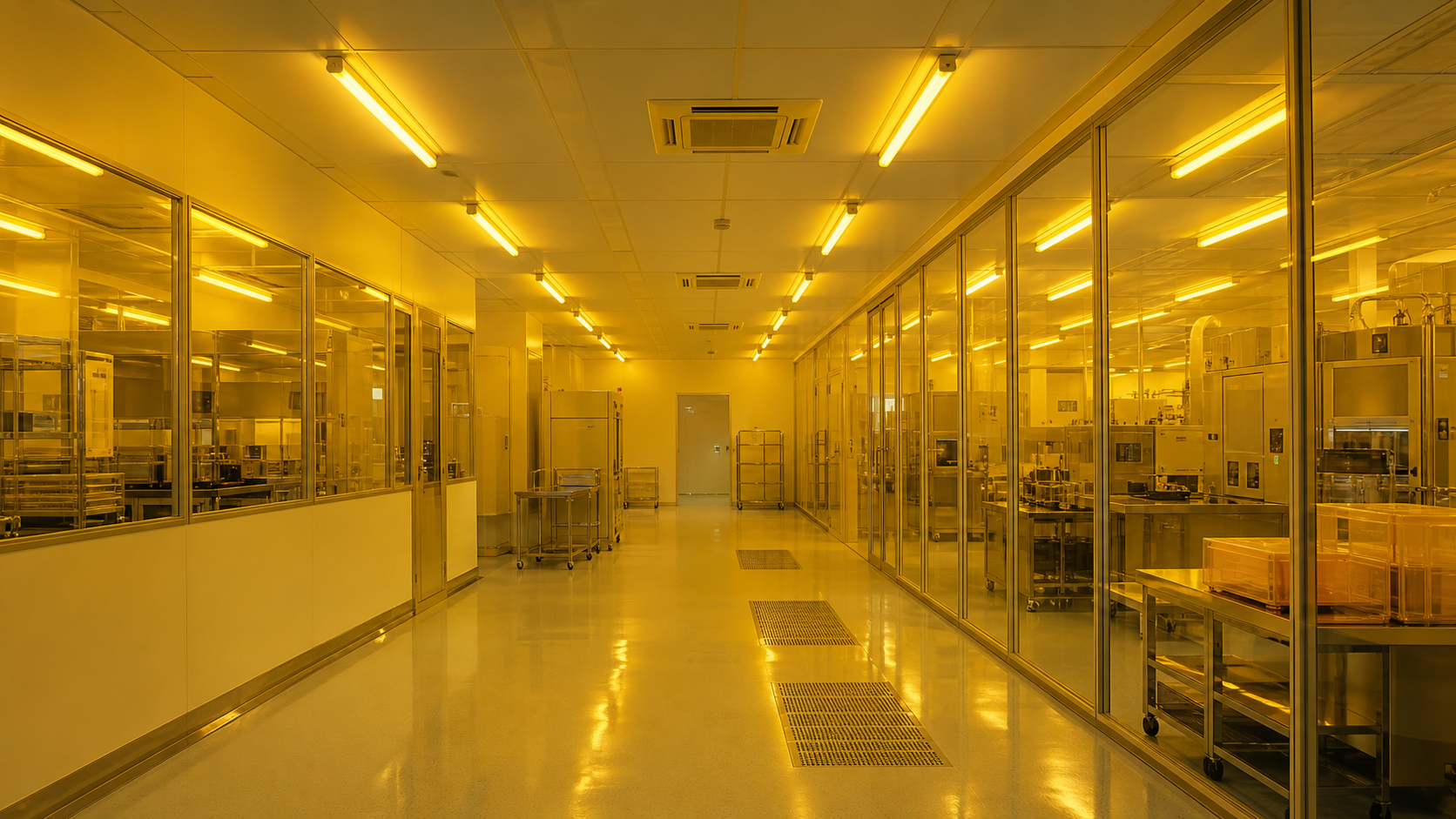 半導體黃光區使用 2200K LED T5 黃光燈管的潔淨室照明情境