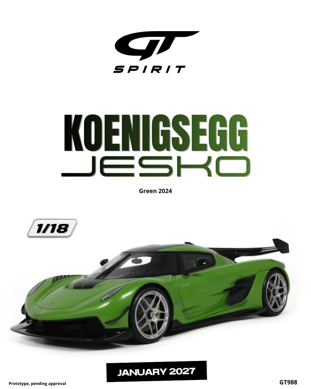 預訂 (訂金$300) (預訂價$801) : 1/18 GT SPIRIT KOENIGSEGG JESKO GREEN 2024 (GT988)
