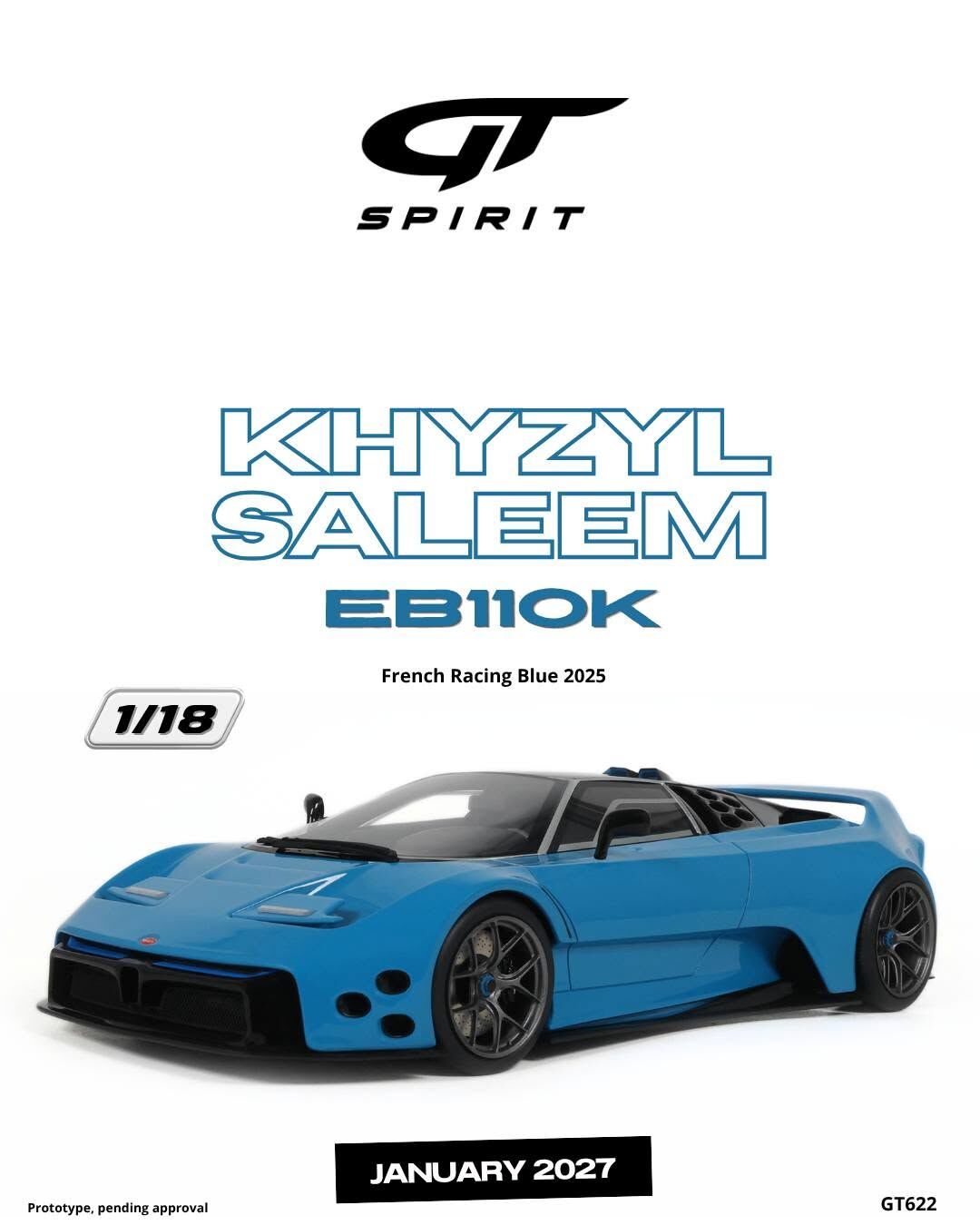 預訂 (訂金$300) (預訂價$801) : 1/18 GT SPIRIT KHYZYL SALEEM EB110K FRENCH RACING BLUE 2025 (GT622)
