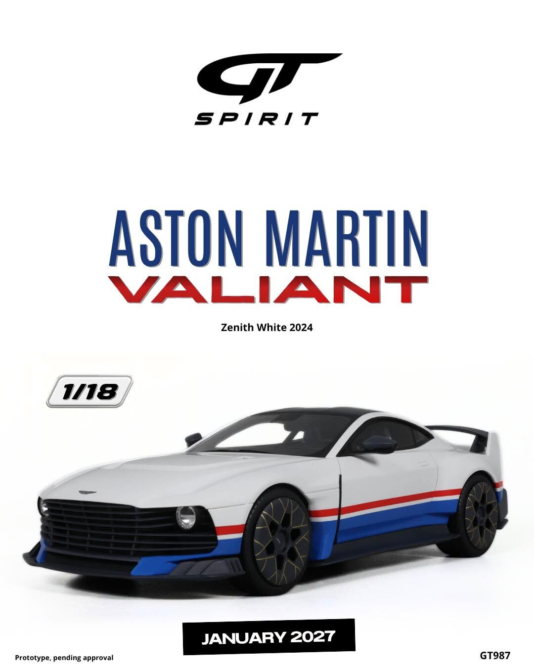 預訂 (訂金$300) (預訂價$801) : 1/18 GT SPIRIT  ASTON MARTIN VALIANT ZENITH WHITE 2024 (GT987)