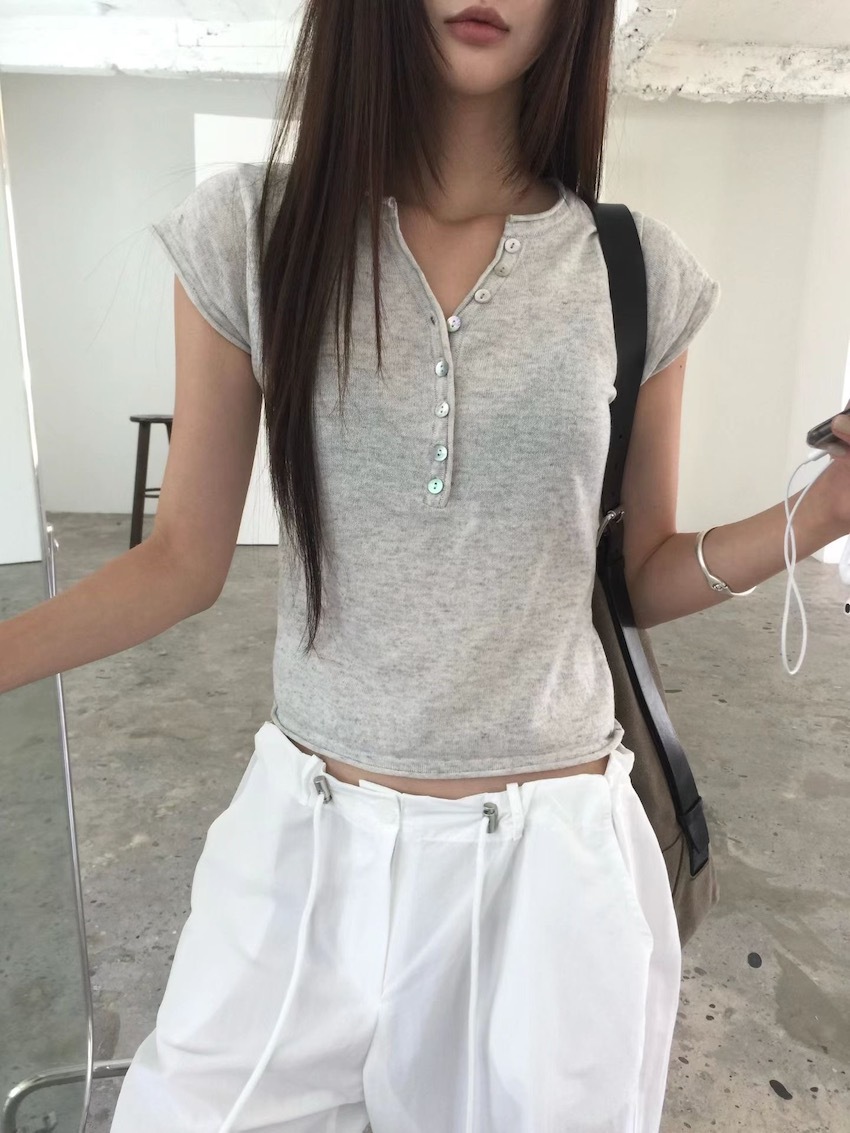 breathable cotton knit button top